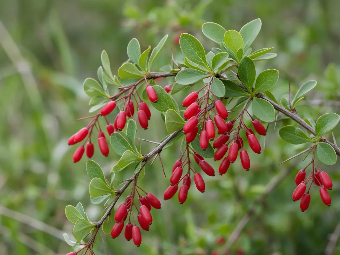 Gren av berberisbuske med röda avlånga bär och gröna blad