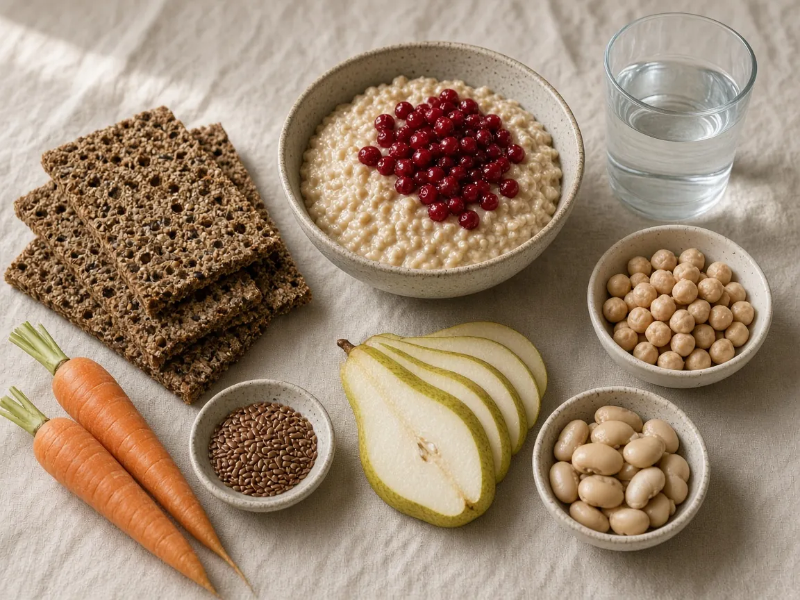 Fiberrik mat: knäckebröd, havregröt med lingon, bönor, kikärtor, päron, morötter och linfrö