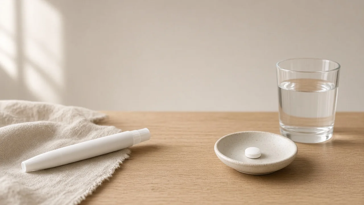 En vit injektionspenna utan märkning bredvid en liten vit tablett och ett glas vatten