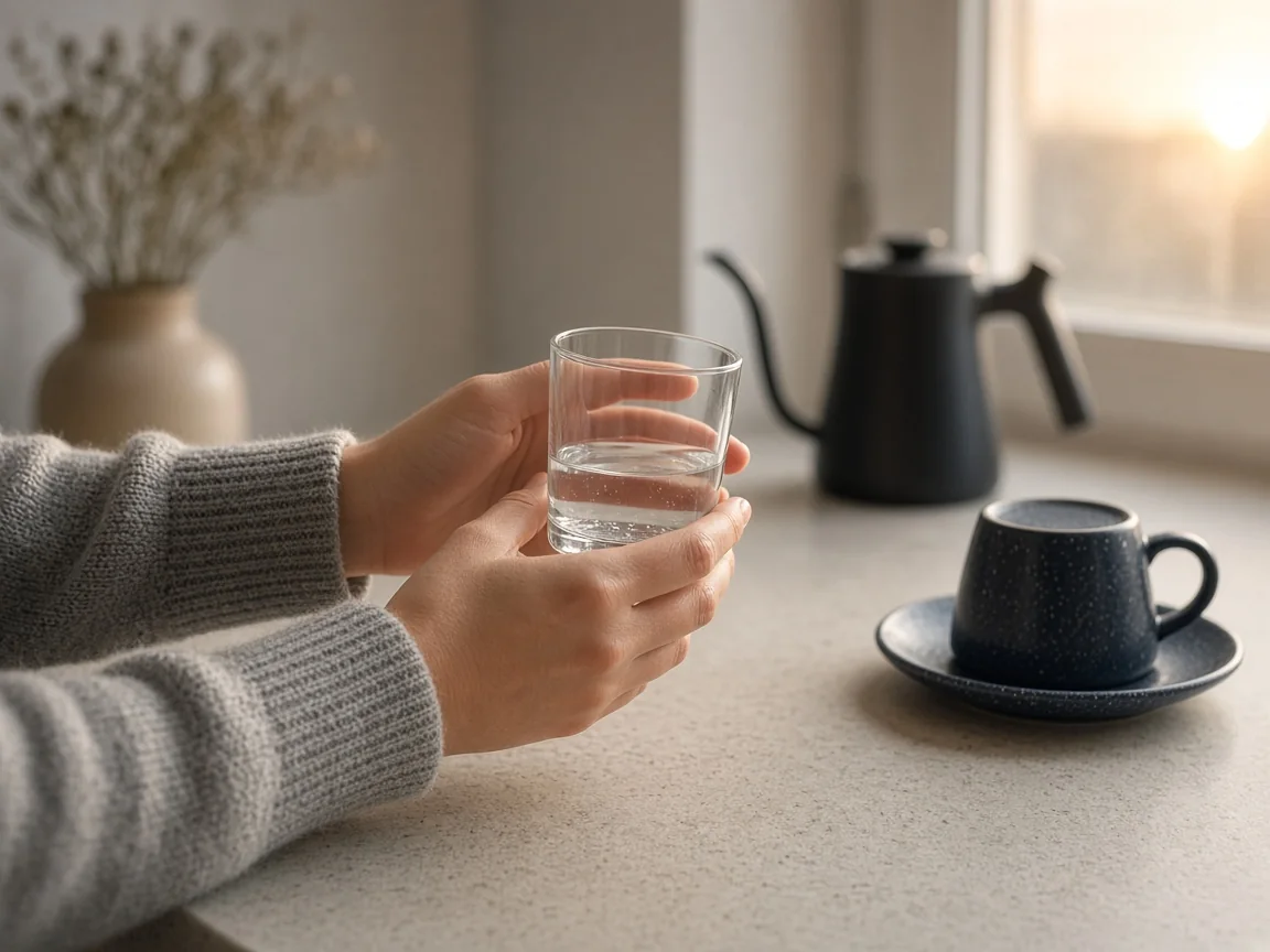 Händer håller ett glas med lite vatten i ett ljust kök i gryningen, med kaffekopp och vattenkokare som väntar i bakgrunden