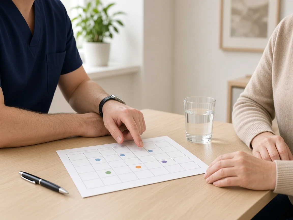 Sjuksköterska och patient vid ett skrivbord går igenom en kalender med markerade veckor